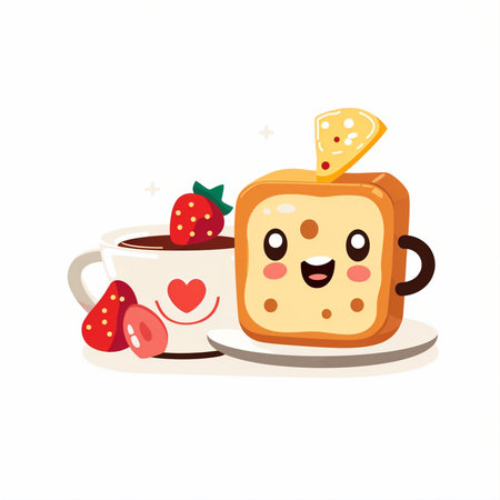 Cute happy toast with strawberry and cup of coffee. Vector illustration.のイラスト素材
