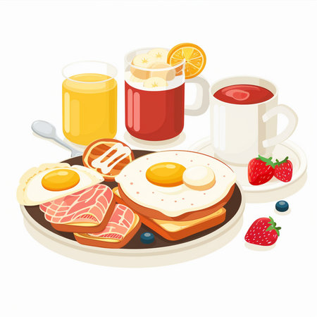 Breakfast with eggs, bacon, pancakes and juice. Vector illustration.のイラスト素材