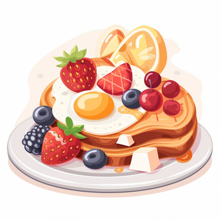 Vector illustration of waffles with berries and fried egg on a plateのイラスト素材
