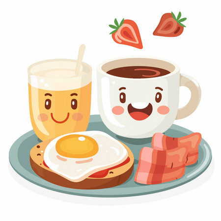 Breakfast with coffee, egg, toast and strawberry, vector illustrationのイラスト素材