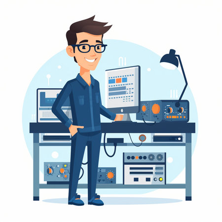 Electronics engineer. Vector illustration in a flat style. A man in a blue uniform works at a computer.のイラスト素材