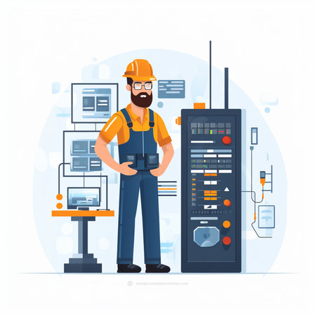 Engineer man in helmet and overalls. Industrial vector illustration.のイラスト素材