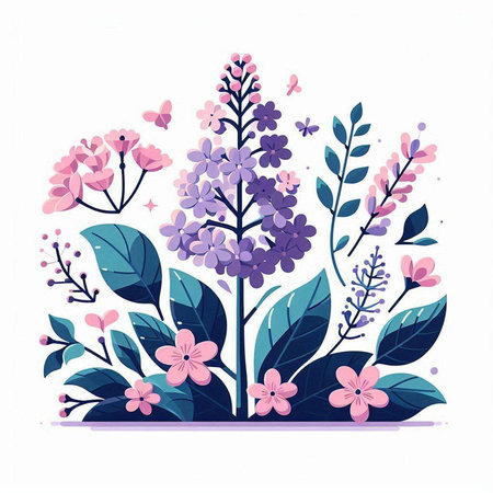 Lilac flowers with leaves and butterflies. Vector illustration for your designのイラスト素材