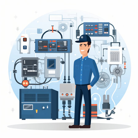 Vector illustration of a factory worker standing in front of control panel.のイラスト素材