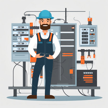 Electrician at work in the electrical substation. Vector illustration.のイラスト素材