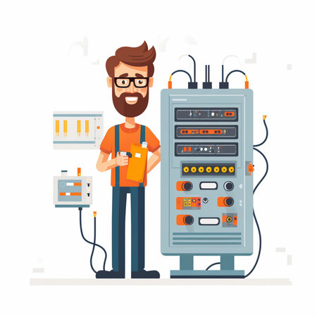 Repairman, technician in overalls and glasses standing near the power meter. Flat vector illustration.のイラスト素材