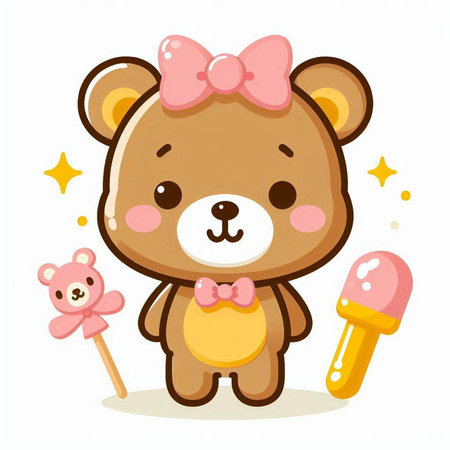 Cute teddy bear with pink bow and lollipop.のイラスト素材
