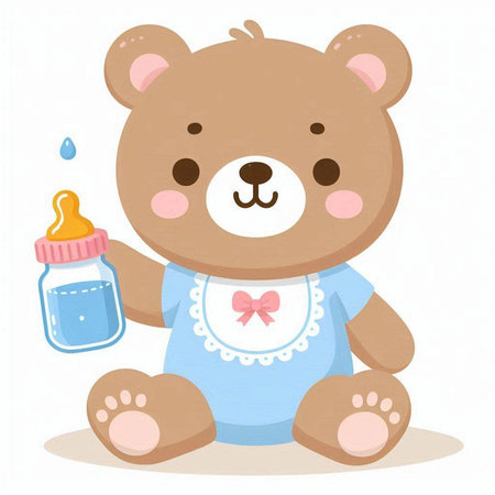 Cute teddy bear sitting with baby bottle. Vector illustration.のイラスト素材