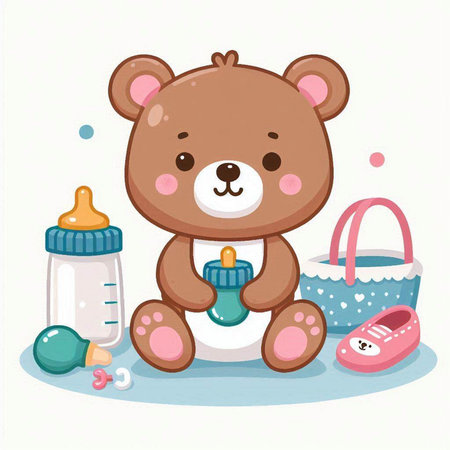 Cute teddy bear with pacifier and baby accessories. Vector illustrationのイラスト素材