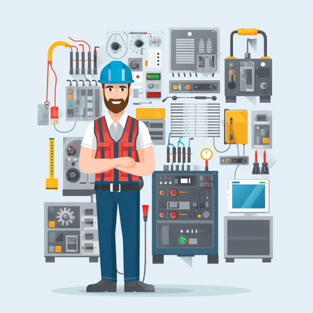 Electrician. Vector illustration in a flat style. Man in uniform and helmet.のイラスト素材