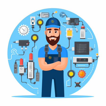 Repairman with tools. Repairman in uniform. Vector illustrationのイラスト素材