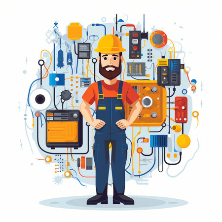Electrician with tools. Vector illustration in flat cartoon style on white background.のイラスト素材