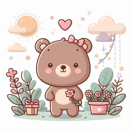 Cute teddy bear with flowers and gift. Vector illustration.のイラスト素材