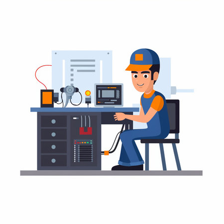Repairman in uniform and overalls working on machine. Vector illustrationのイラスト素材