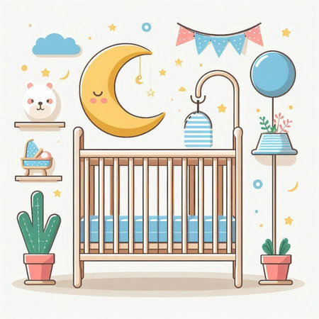 Cute baby room with cot and bed, vector illustration.のイラスト素材