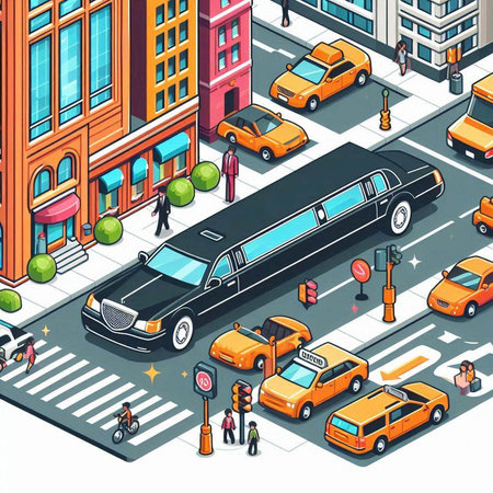 Isometric city street with cars, pedestrians and taxi. Vector illustrationのイラスト素材