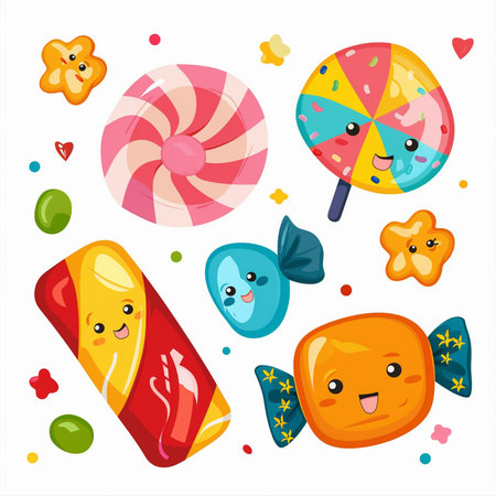 Candy collection. Cute colorful lollipops, candies, lollipops in cartoon style. Vector illustration.のイラスト素材