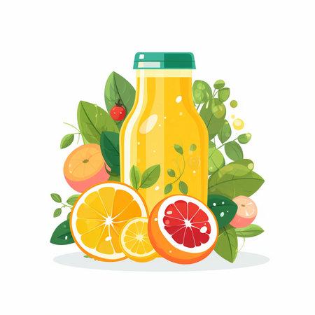 Orange juice in a glass bottle with slices of citrus fruit and leaves vector Illustrationのイラスト素材