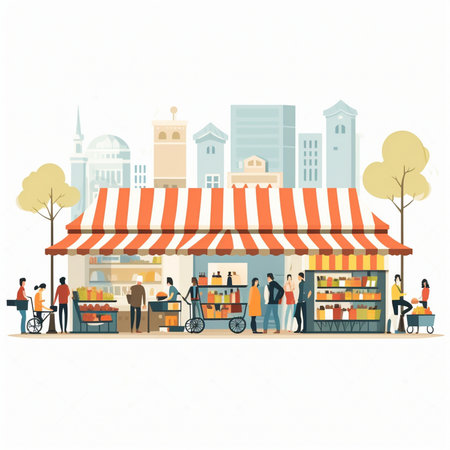 People shopping in the city. Urban scene. Flat vector illustration.のイラスト素材
