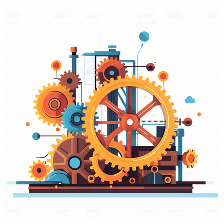Vector illustration of industrial background with gears, cogwheels and factoryのイラスト素材