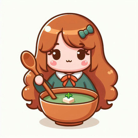 Cute little girl with a bowl of soup. Vector illustration.のイラスト素材