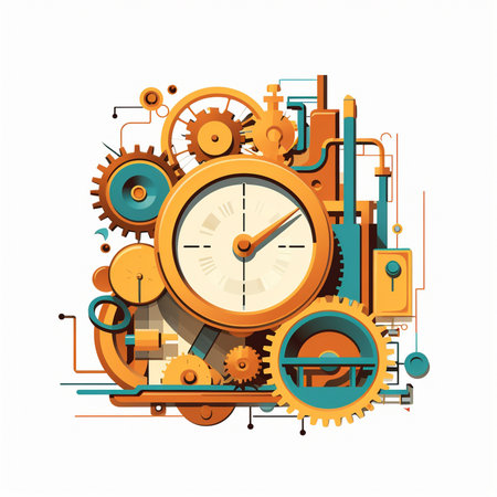 Time management concept with clock and gears. Vector illustration in flat styleのイラスト素材