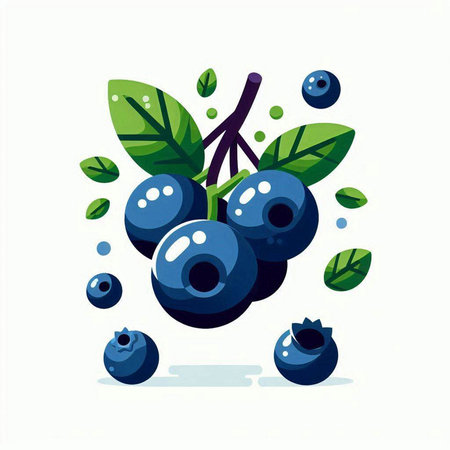 Blueberry with green leaves on a white background. Vector illustration.のイラスト素材