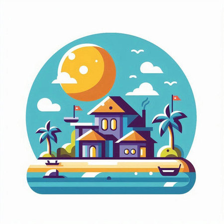 Vector illustration of a house on the island in a flat style.のイラスト素材
