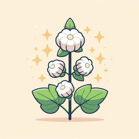 Cotton flower with leaves and stars. Vector illustration in cartoon style.のイラスト素材