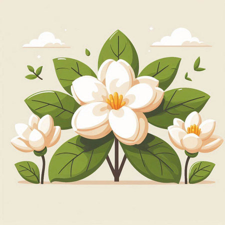 Vector illustration of a beautiful magnolia flower with leaves in retro styleのイラスト素材
