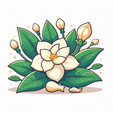 Jasmine flower with green leaves on white background. Vector illustration.のイラスト素材