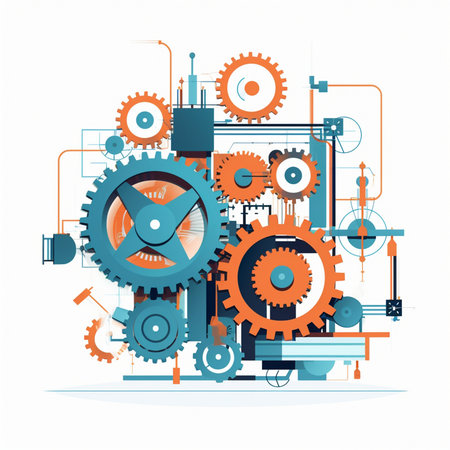 Vector industrial illustration of mechanism with gears and cogs on white background.のイラスト素材