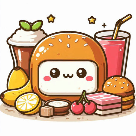 Cute kawaii hamburger and milkshake. Vector illustration.のイラスト素材