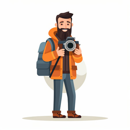 Tourist with backpack and camera. Vector illustration in cartoon style.のイラスト素材