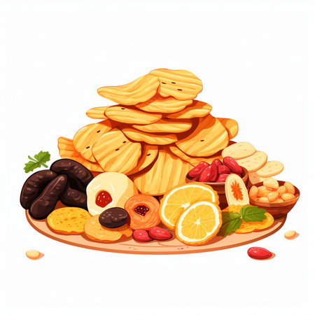 Illustration of a bowl full of snacks on a white background.のイラスト素材