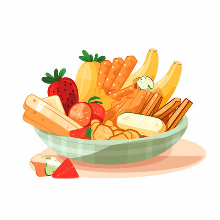 Vector illustration of a bowl full of different fruits and pastries.のイラスト素材
