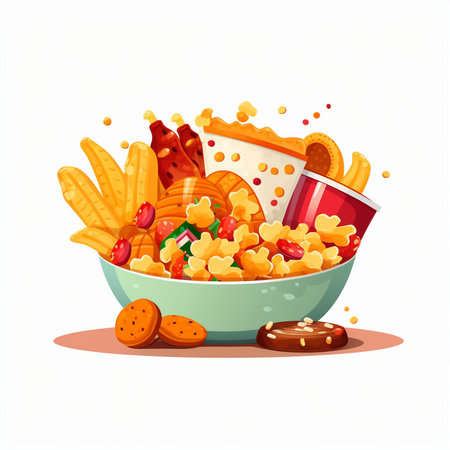 Vector illustration of a bowl full of fast food snacks. Cartoon style.のイラスト素材