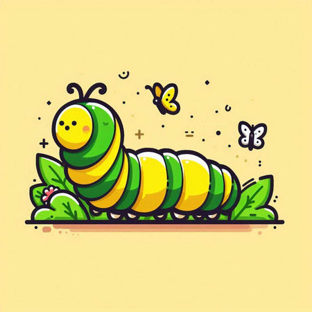 Cute cartoon caterpillar vector illustration. Cute caterpillar with green leaves and butterflies.のイラスト素材