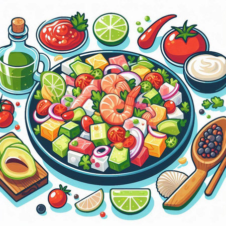 Salad with shrimps, avocado, cucumber, onion, tomato, pepper, olive oil, limennaise. Vector illustrationのイラスト素材
