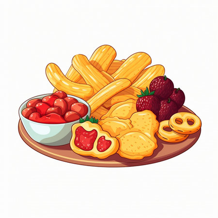 Vector illustration of a plate of french fries with strawberries and cheese.のイラスト素材