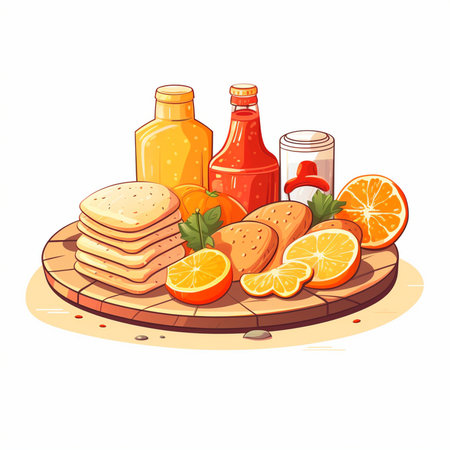 Vector illustration of a set of ingredients for cooking pancakes on a wooden board.のイラスト素材