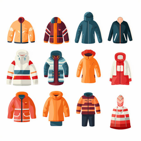 Winter clothing set. Warm jacket, jacket, sweater, hat, scarf and other winter clothes. Vector illustrationのイラスト素材