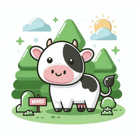 Cute cartoon cow in the forest. Vector illustration on white background.のイラスト素材