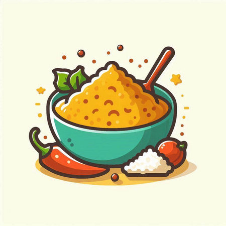 Illustration of a bowl of porridge with vegetables and spices.のイラスト素材