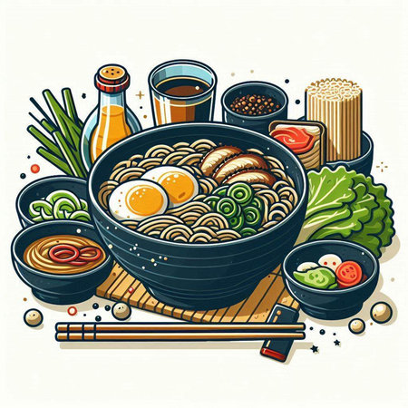 Ramen noodle soup with chicken, egg and vegetables. Hand drawn vector illustration.のイラスト素材