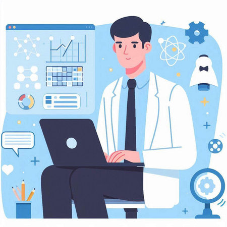 Vector illustration of a male doctor working on a laptop in his officeのイラスト素材