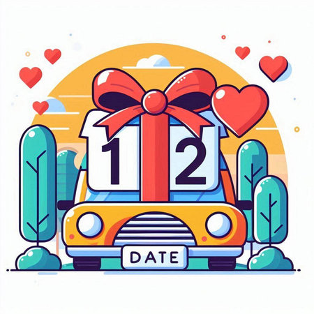 Happy Valentine's Day greeting card with gift box and car. Vector illustration.のイラスト素材