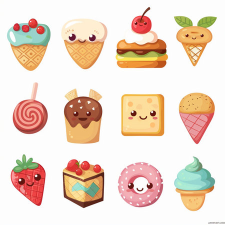 Cute cartoon ice creams and desserts icons set. Vector illustrationのイラスト素材