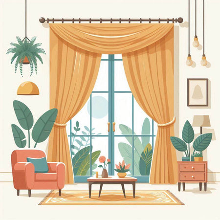Interior of living room with window and plants. Vector illustration.のイラスト素材