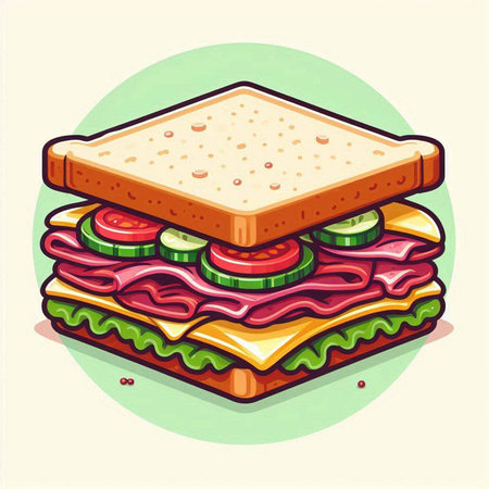 Illustration of a sandwich with ham, cheese, tomato and cucumberのイラスト素材